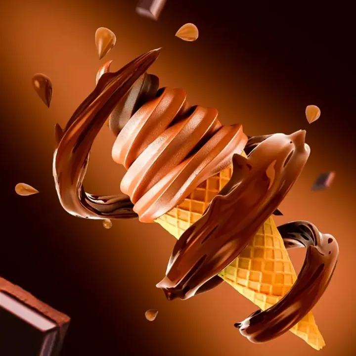 A chocolate soft-serve cone rendered mid-air with chocolate ribbons