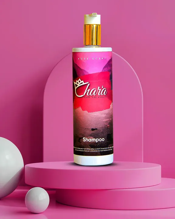 A cosmetics bottle rendered on a pink pedestal