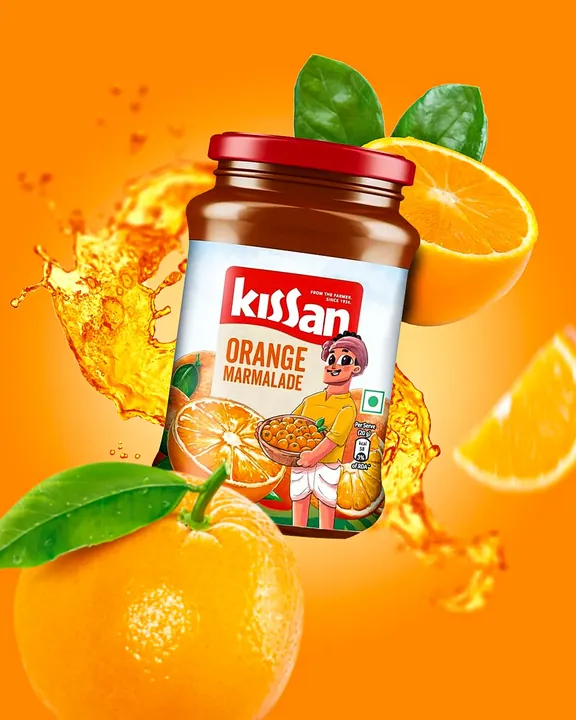 Kissan orange marmalade jar with a citrus splash