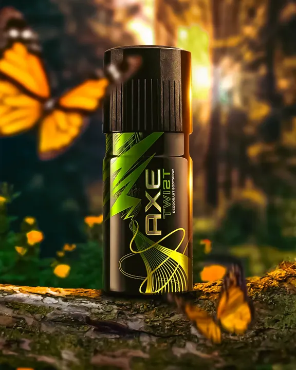 AXE Twist body spray rendered on a forest branch with butterflies