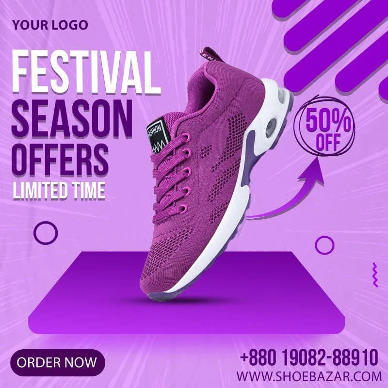A festival season offers post with a purple running shoe and a 60% off badge