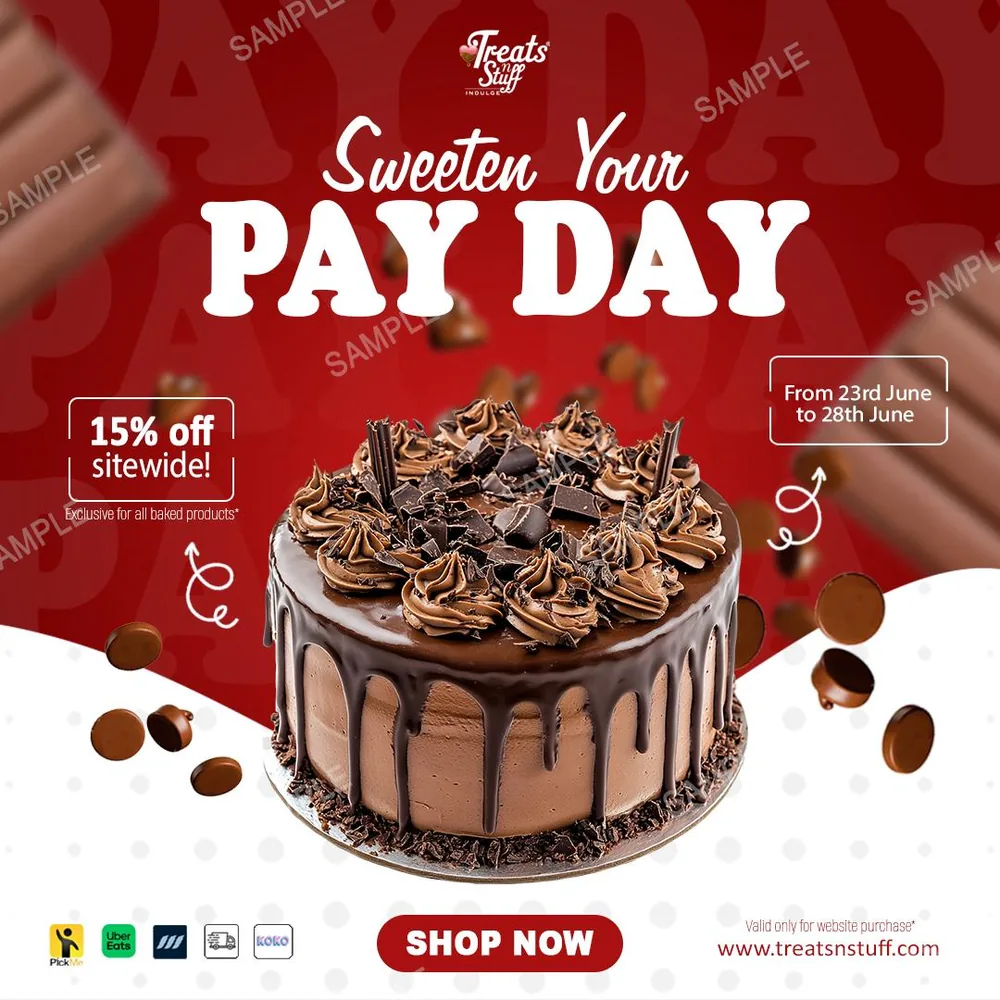 A chocolate cake campaign post reading Sweeten Your Pay Day