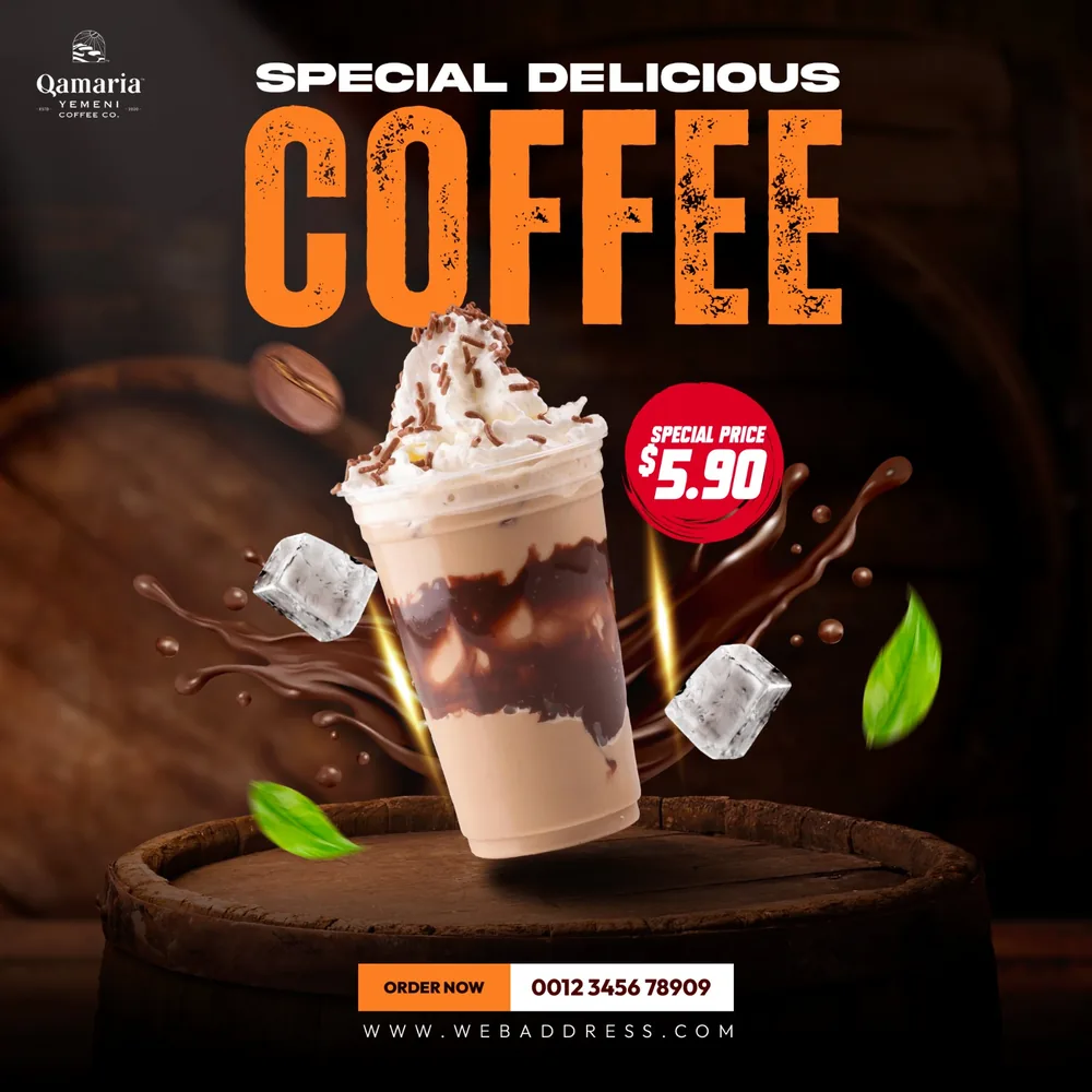 An iced coffee post reading Special Delicious Coffee with a price flash