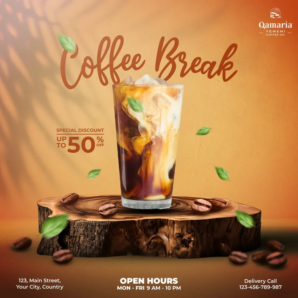 An iced coffee post reading Coffee Break with a fifty per cent offer