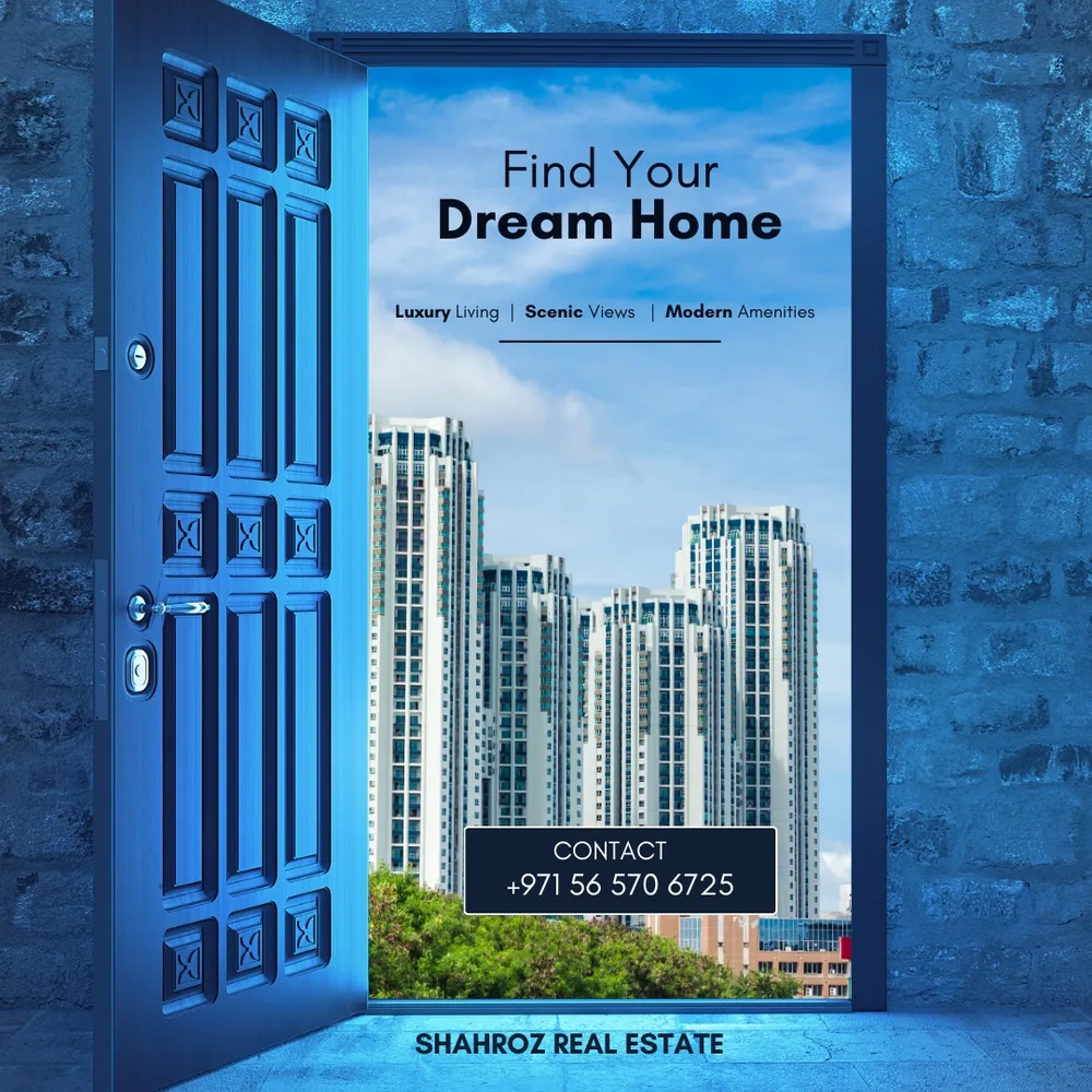 A property post reading Find Your Dream Home framed by an open door