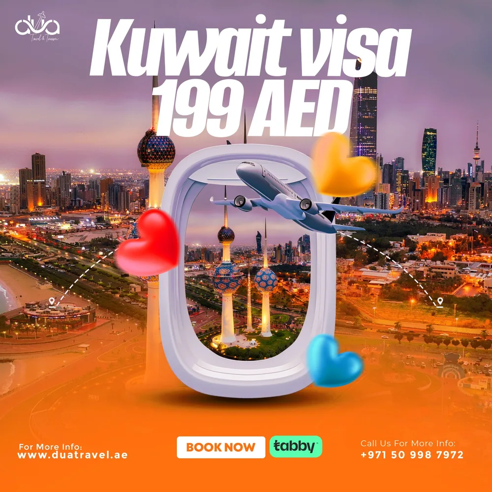 A visa offer post reading Kuwait visa 199 AED over a city skyline
