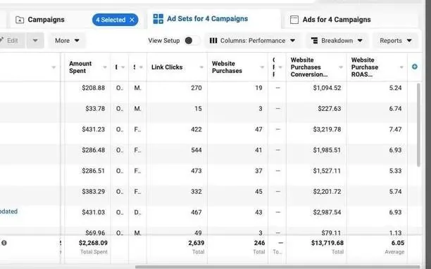 An ad-set table showing spend against website purchases and purchase ROAS