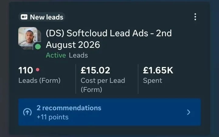 A B2B lead campaign for Softcloud: 110 form leads at 15.02 pounds each
