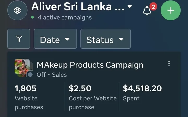 An e-commerce campaign for Aliver Sri Lanka: 1,805 website purchases at $2.50 each, $4,518.20 spent