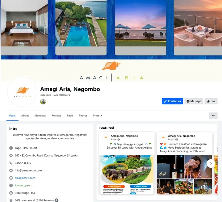 Facebook page for Amagi Aria, a resort in Negombo, Sri Lanka
