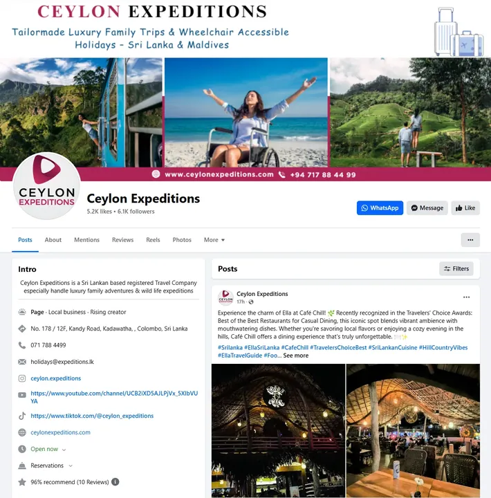 Facebook page for Ceylon Expeditions, a Sri Lankan travel company