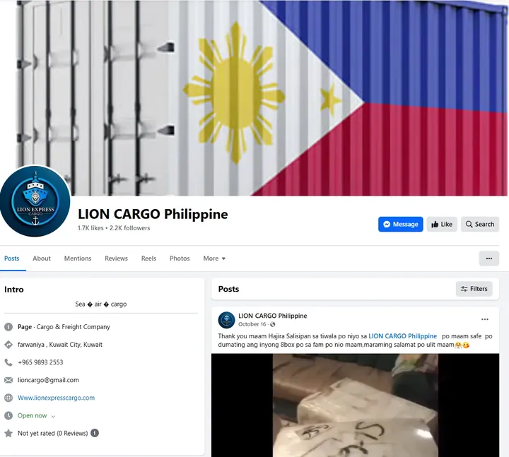 Facebook page for Lion Cargo Philippine, a freight company in Kuwait