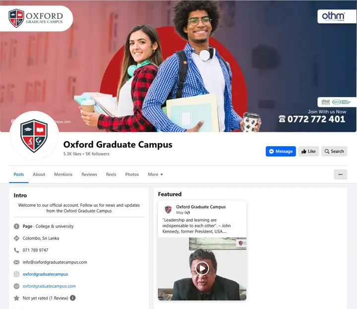 Facebook page for Oxford Graduate Campus, a college in Colombo