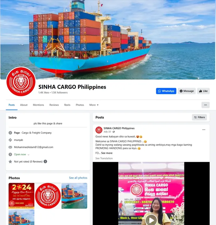 Facebook page for Sinha Cargo Philippines, a freight company