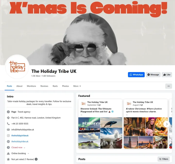Facebook page for The Holiday Tribe UK, a travel agency in London