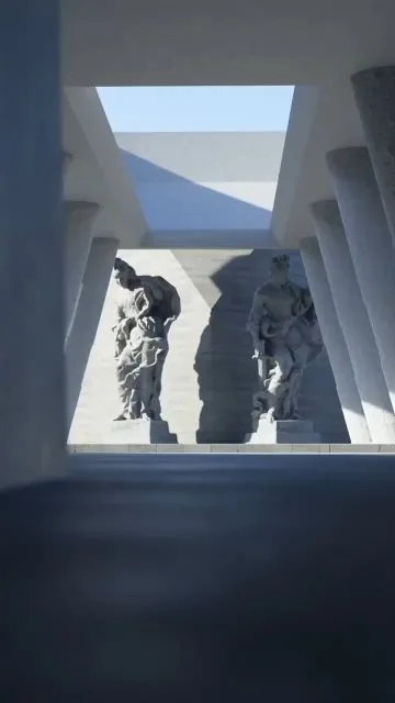 Classical statues rendered in a modern courtyard